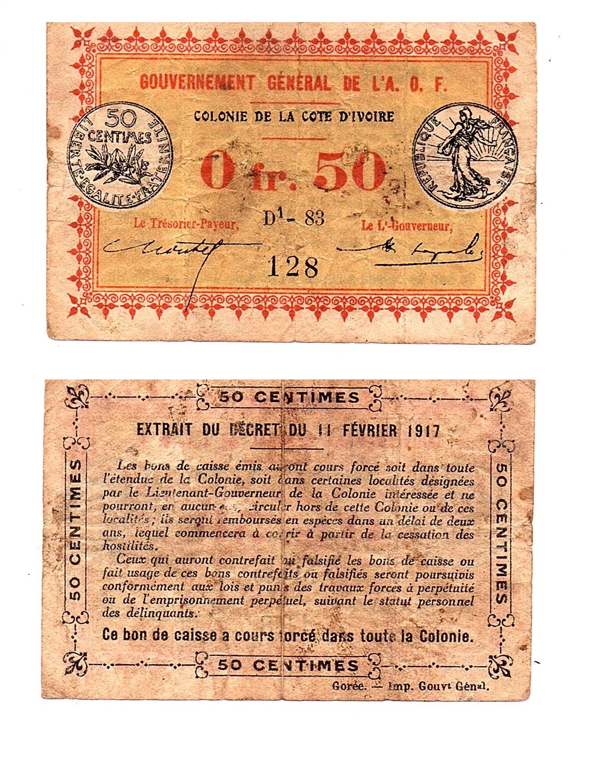 Ivory Coast #1b/VF.H  0,50 Franc