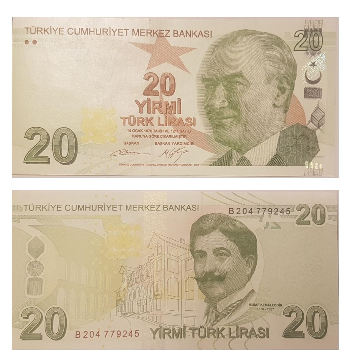 2 TURKEY  2009  UNC 20 Lirasi Banknote Paper Money Bill P-224 